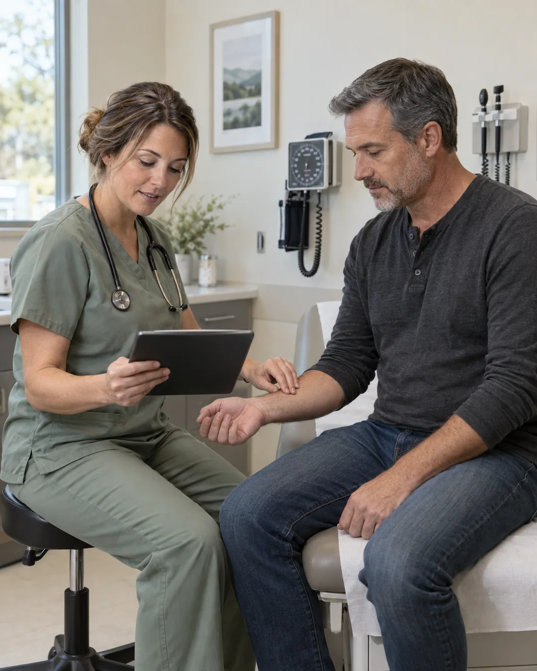 Nurse checking a patient's wrist during a follow-up visit
