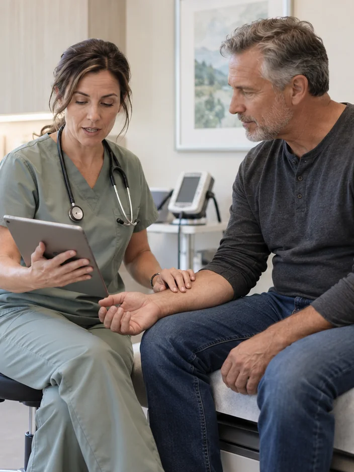 Nurse reviewing a patient's chart on a tablet during a visit