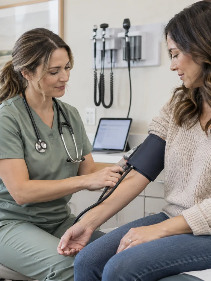 Blood pressure check in an exam room