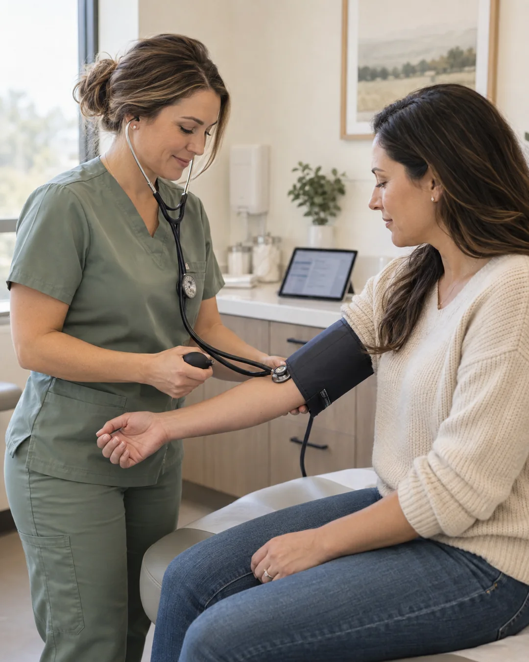 Nurse checking a patient's blood pressure during a consultation