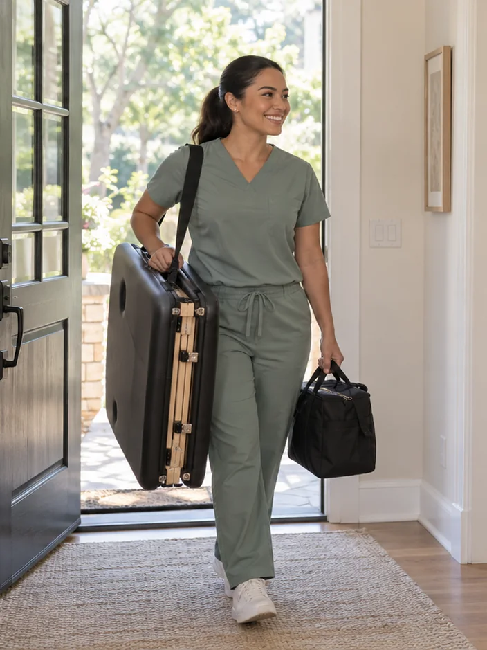 Nurse arriving at a patient's home with a massage table and supplies