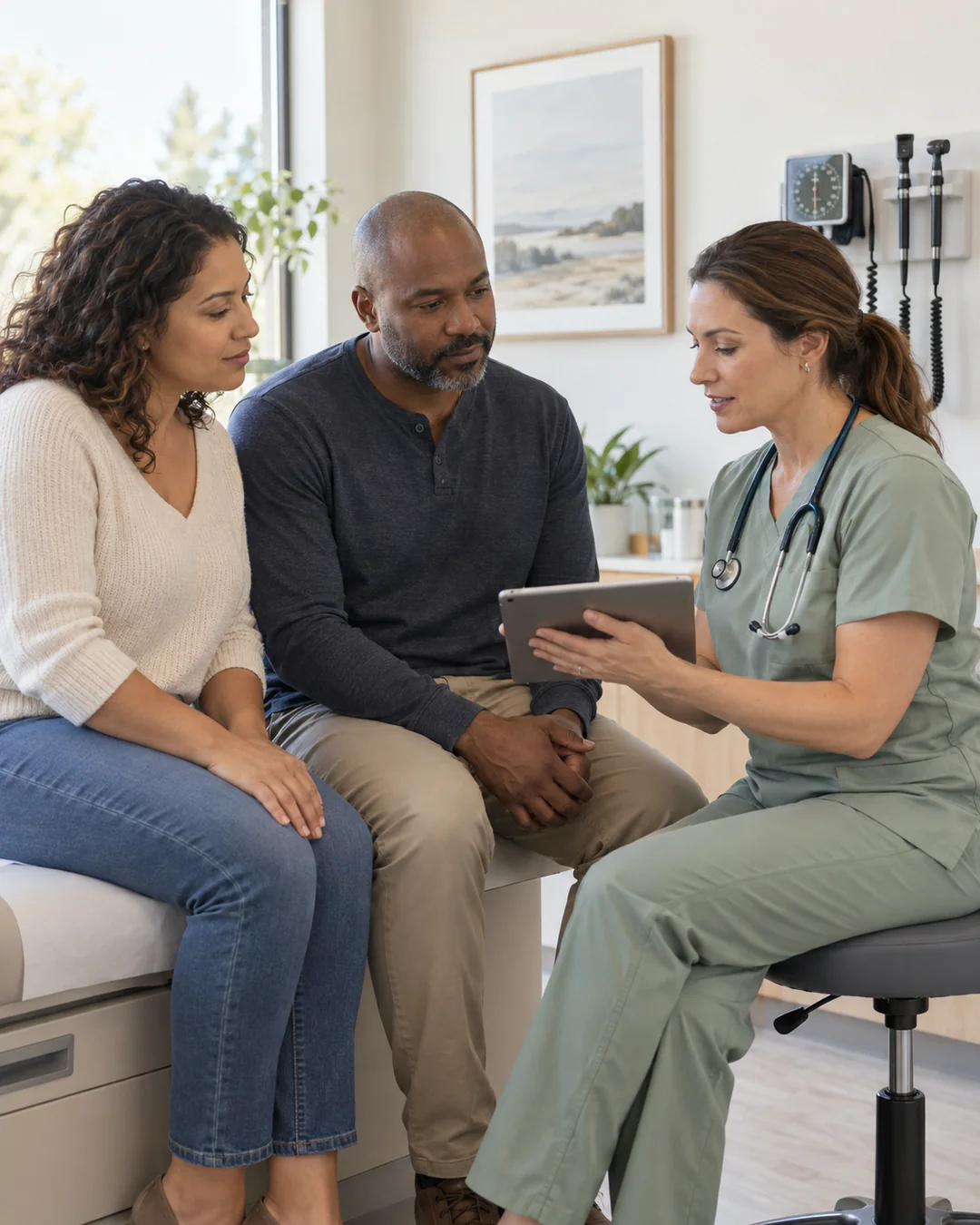 Nurse reviewing health results on a tablet with a couple