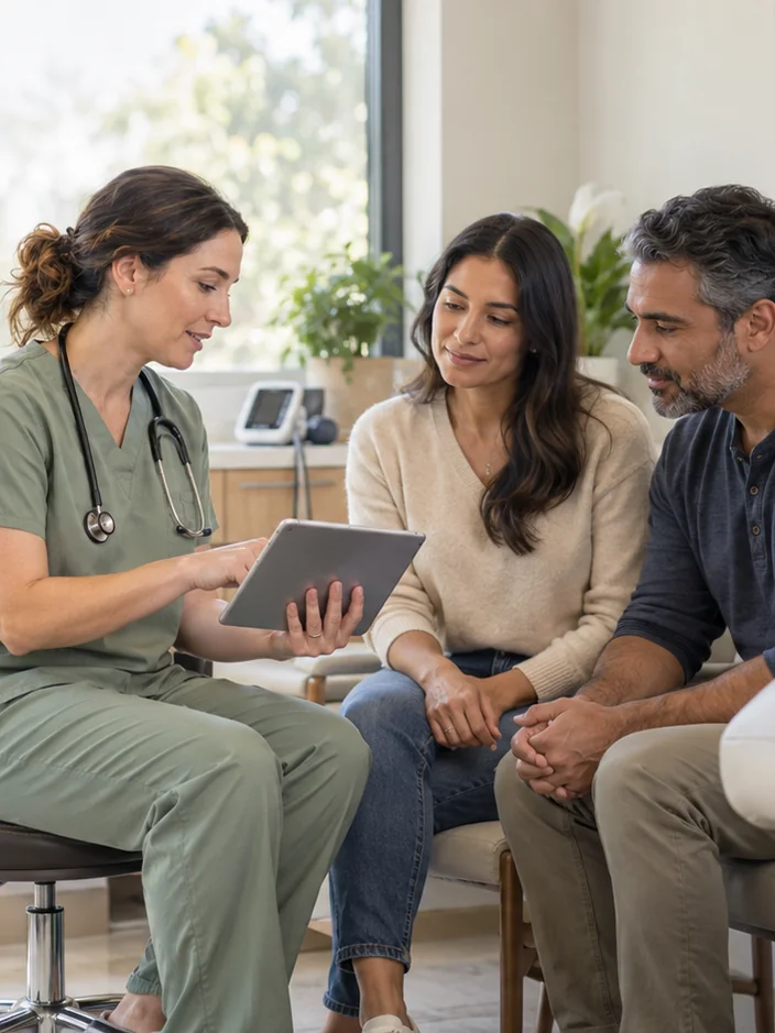 Nurse going over a care plan with two patients