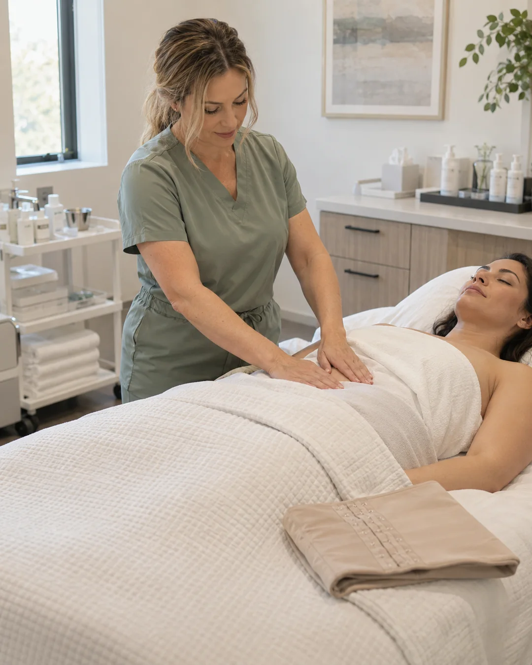 Therapist giving a post-op abdominal session, with a compression garment on the table