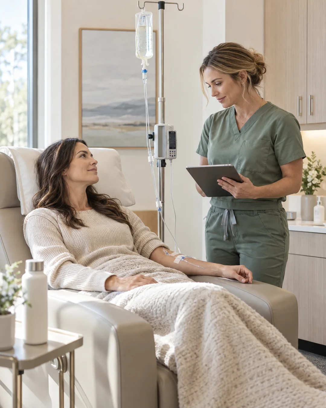 Patient relaxing in a recliner during an IV infusion while a nurse checks her chart